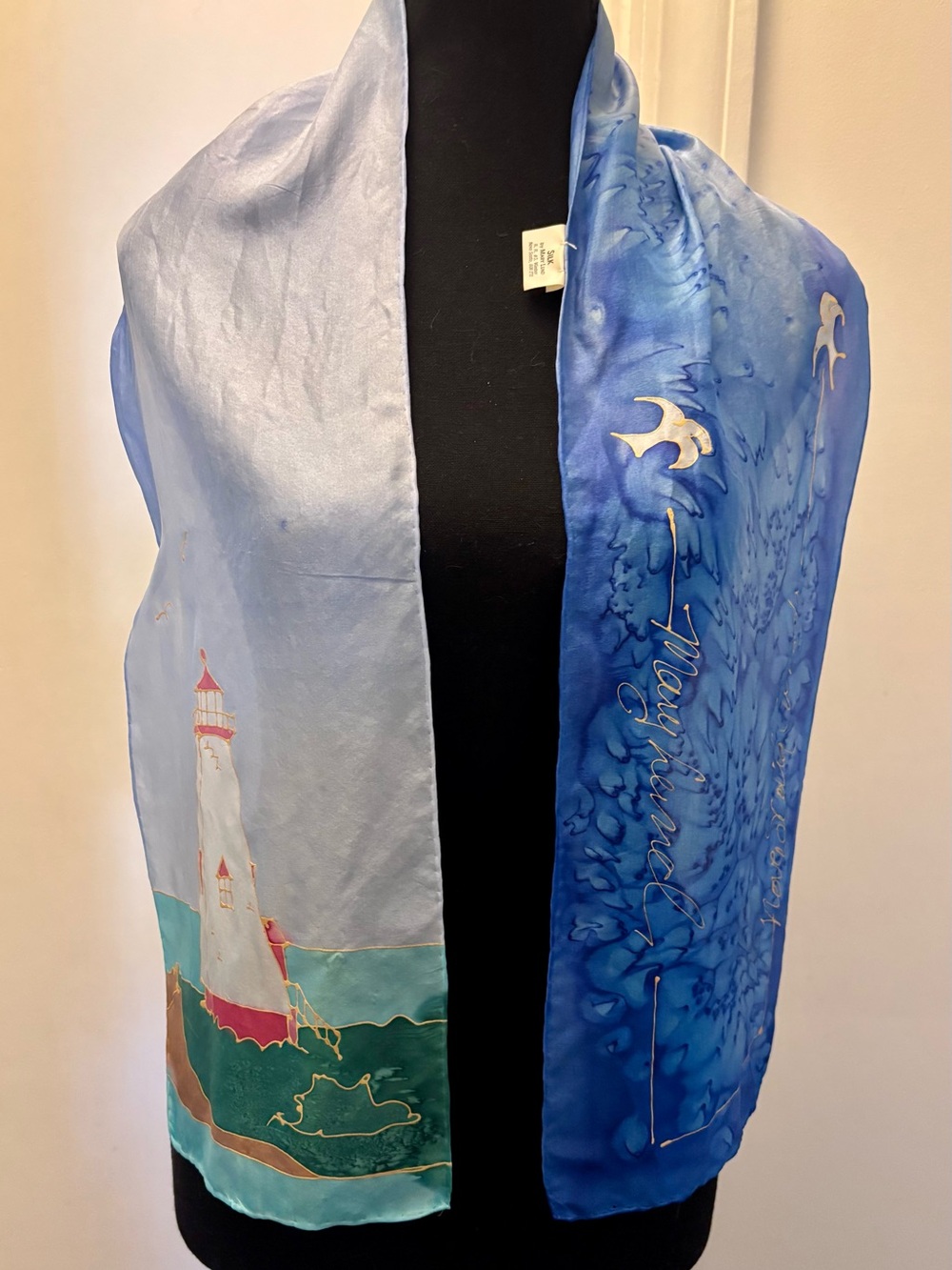Hand-Painted Mary Lund Vintage Silk Nova Scotia Lighthouse Scarf